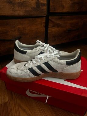 adidas White Suede Sneakers with Black Stripes and Gum Sole